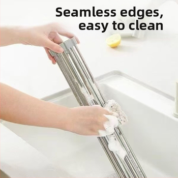 Nerūdijančio plieno nutekėjimo laikiklis su sulankstomu teleskopiniu dizainu virtuvės indų laikymui — modernus stilius, leidimas 2017 m. pavasarį