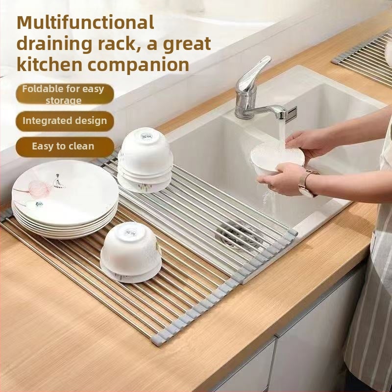 Nerūdijančio plieno nutekėjimo laikiklis su sulankstomu teleskopiniu dizainu virtuvės indų laikymui — modernus stilius, leidimas 2017 m. pavasarį