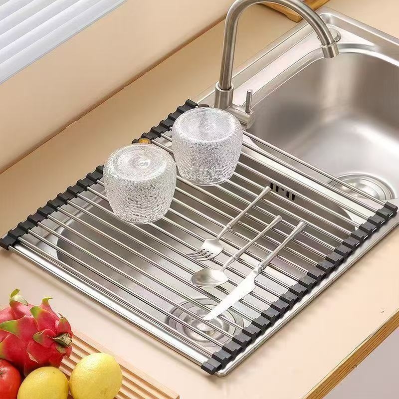 Nerūdijančio plieno nutekėjimo laikiklis su sulankstomu teleskopiniu dizainu virtuvės indų laikymui — modernus stilius, leidimas 2017 m. pavasarį