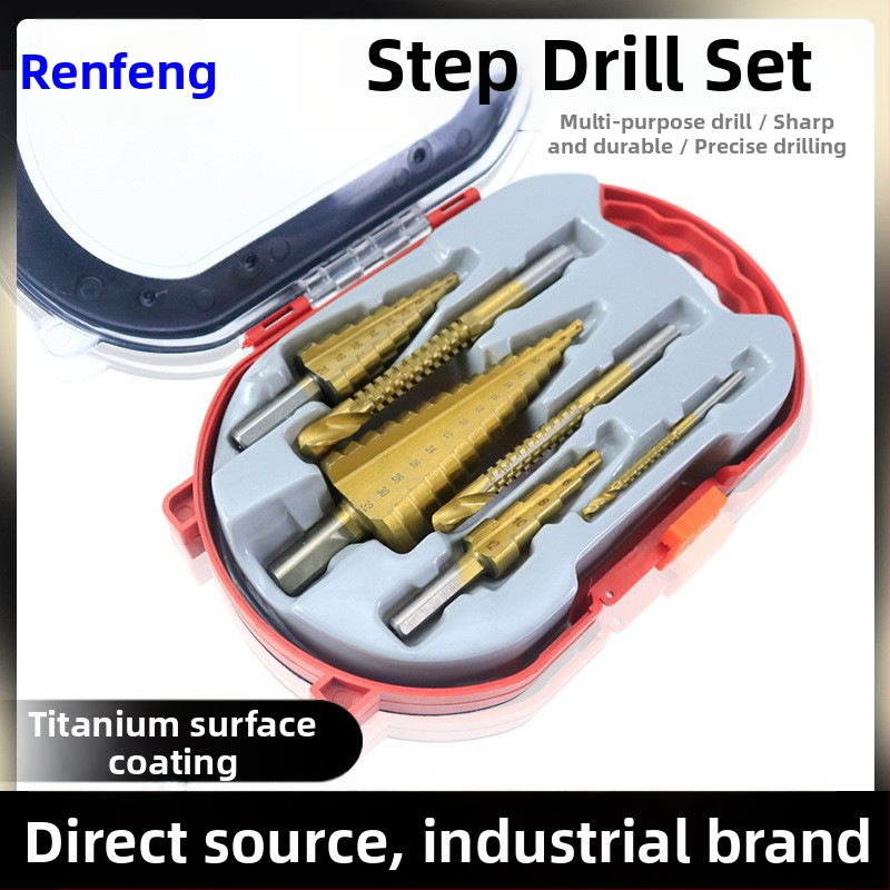 Pagoda set bušilica u kutiji: spiralno ljestvasti tip za proširenje otvora, zupasti vrtaci od legure, set bušilica (Brand: Fuxin; Model: A4-pagoda sawtooth drill box; Materijal: legura; Namjena: kućna uporaba)