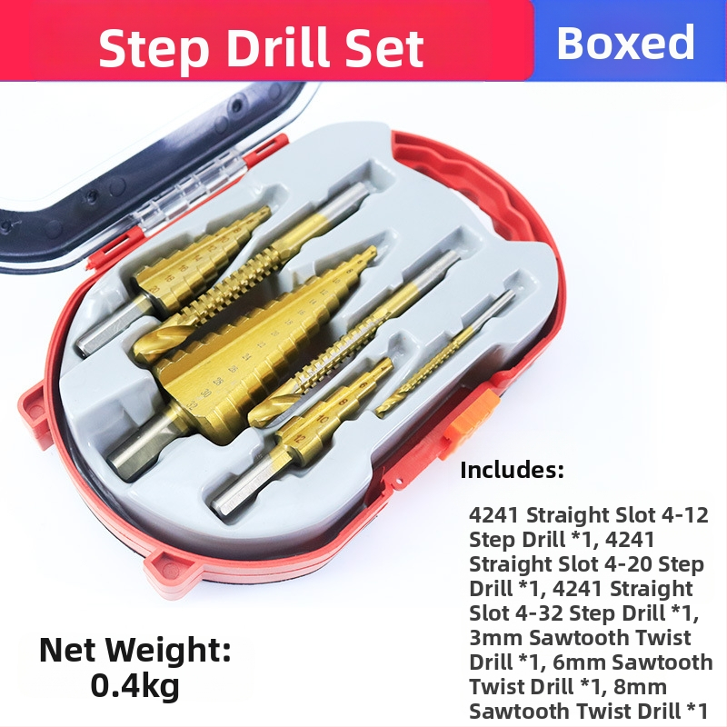 Pagoda set bušilica u kutiji: spiralno ljestvasti tip za proširenje otvora, zupasti vrtaci od legure, set bušilica (Brand: Fuxin; Model: A4-pagoda sawtooth drill box; Materijal: legura; Namjena: kućna uporaba)