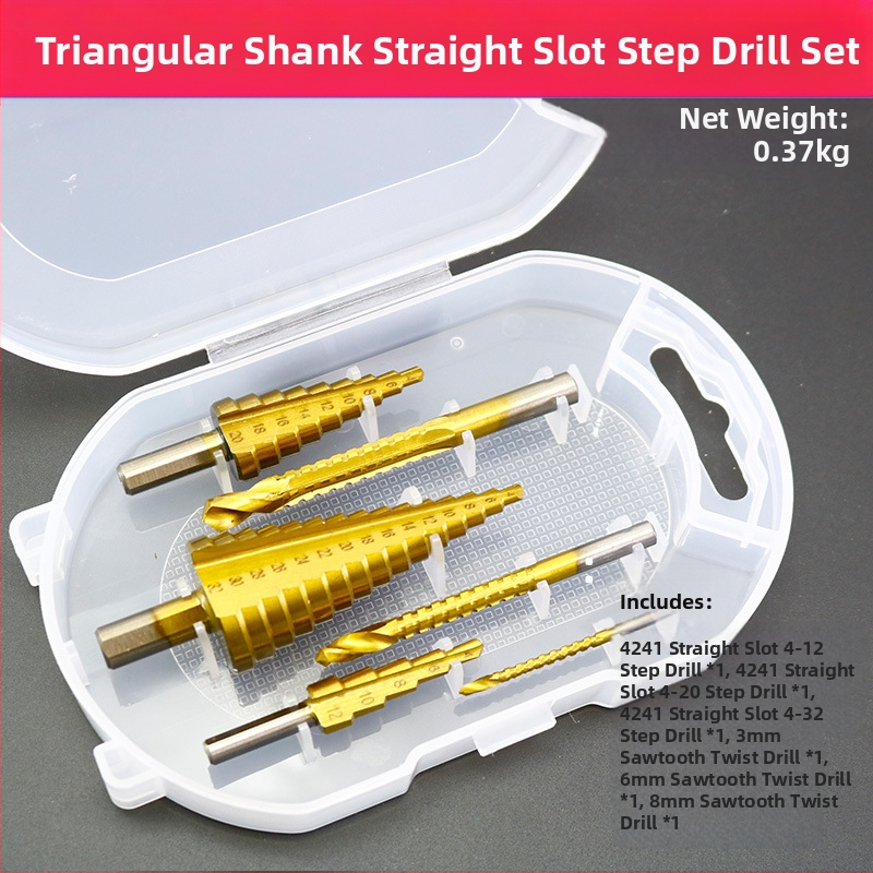 Pagoda set bušilica u kutiji: spiralno ljestvasti tip za proširenje otvora, zupasti vrtaci od legure, set bušilica (Brand: Fuxin; Model: A4-pagoda sawtooth drill box; Materijal: legura; Namjena: kućna uporaba)