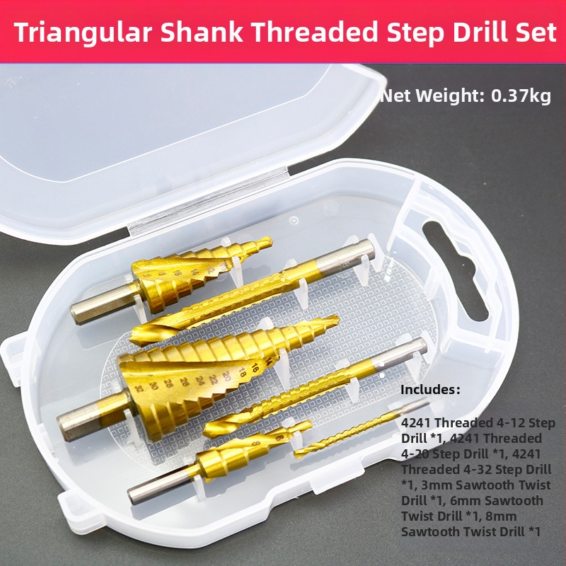 Pagoda set bušilica u kutiji: spiralno ljestvasti tip za proširenje otvora, zupasti vrtaci od legure, set bušilica (Brand: Fuxin; Model: A4-pagoda sawtooth drill box; Materijal: legura; Namjena: kućna uporaba)