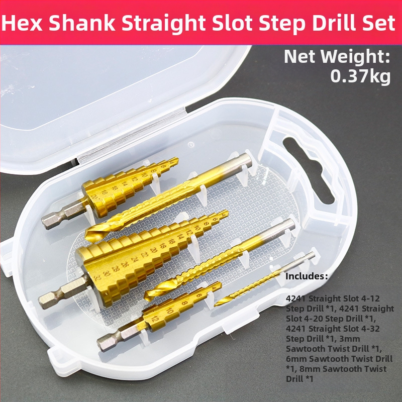 Pagoda set bušilica u kutiji: spiralno ljestvasti tip za proširenje otvora, zupasti vrtaci od legure, set bušilica (Brand: Fuxin; Model: A4-pagoda sawtooth drill box; Materijal: legura; Namjena: kućna uporaba)