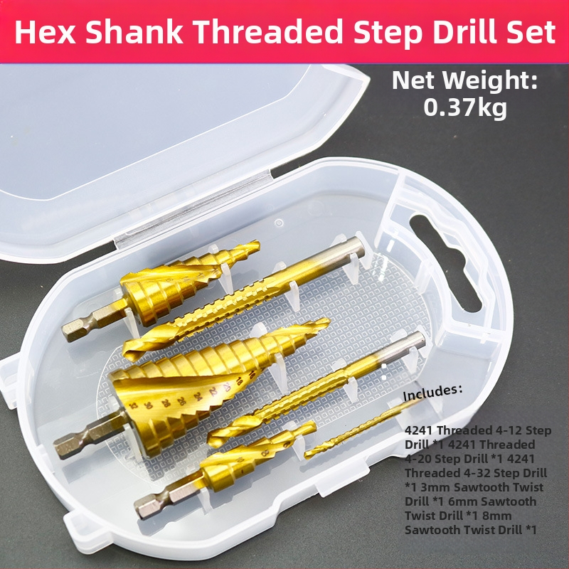 Pagoda set bušilica u kutiji: spiralno ljestvasti tip za proširenje otvora, zupasti vrtaci od legure, set bušilica (Brand: Fuxin; Model: A4-pagoda sawtooth drill box; Materijal: legura; Namjena: kućna uporaba)