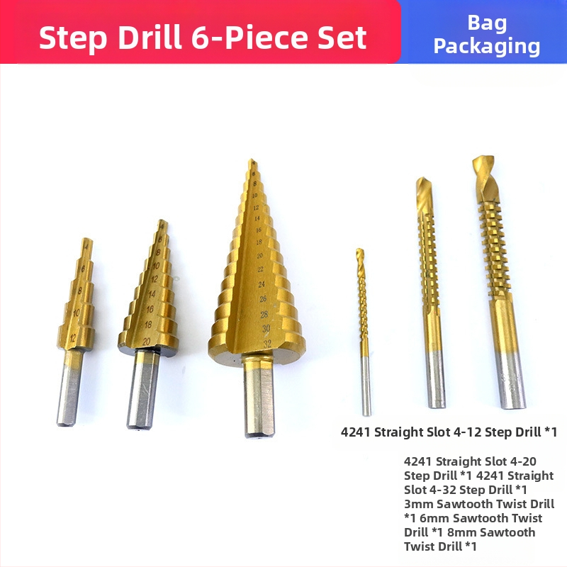 Pagoda set bušilica u kutiji: spiralno ljestvasti tip za proširenje otvora, zupasti vrtaci od legure, set bušilica (Brand: Fuxin; Model: A4-pagoda sawtooth drill box; Materijal: legura; Namjena: kućna uporaba)
