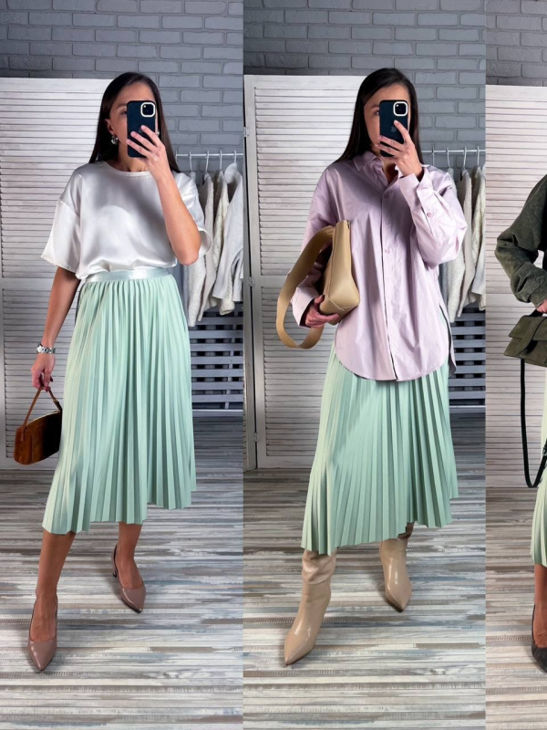 Pliszé midi szoknya, gyűrött textúra, poliészter ≥95%, micro-elasztikus, casual japán-koreai stílus