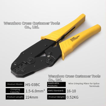 Precision európai stílusú préselőfogó terminálokhoz, ratchet mechanizmussal, előre izolált terminálokhoz, 0.25–6 mm², 45# acél, 510 g