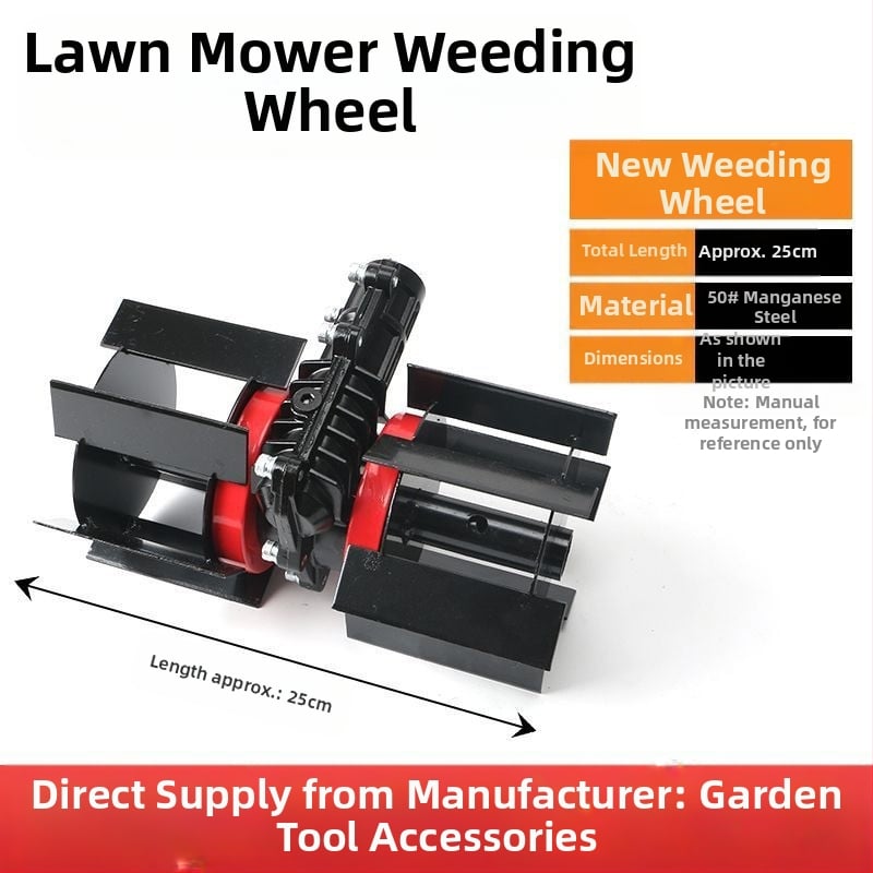 Üzemanyaggal hajtott fűnyíró-kiegészítő: gyomirtó kerék, talajlazító kerék, árkokásó kerék, mélyművelő kerék, anti-kavarodó hajtás