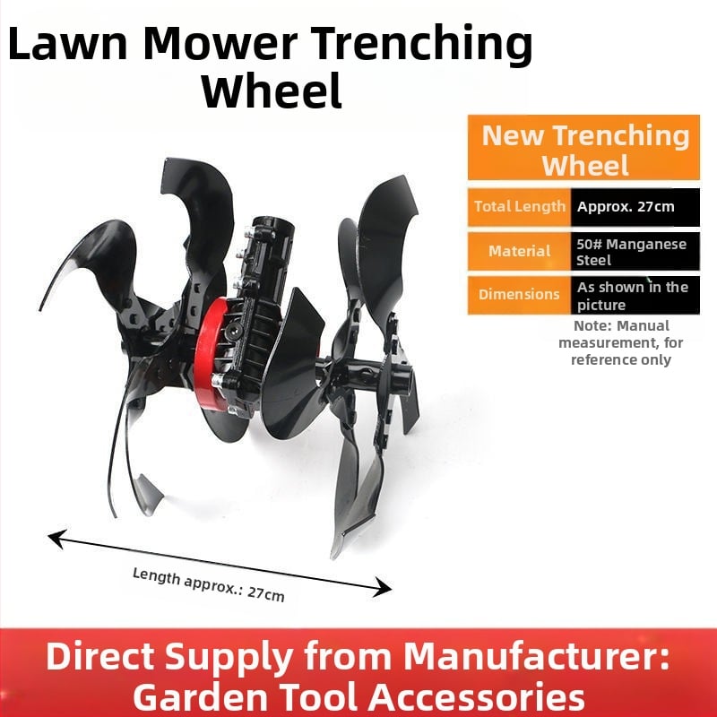 Üzemanyaggal hajtott fűnyíró-kiegészítő: gyomirtó kerék, talajlazító kerék, árkokásó kerék, mélyművelő kerék, anti-kavarodó hajtás