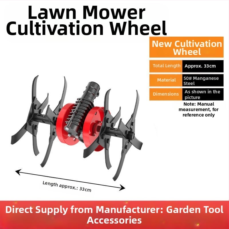 Üzemanyaggal hajtott fűnyíró-kiegészítő: gyomirtó kerék, talajlazító kerék, árkokásó kerék, mélyművelő kerék, anti-kavarodó hajtás