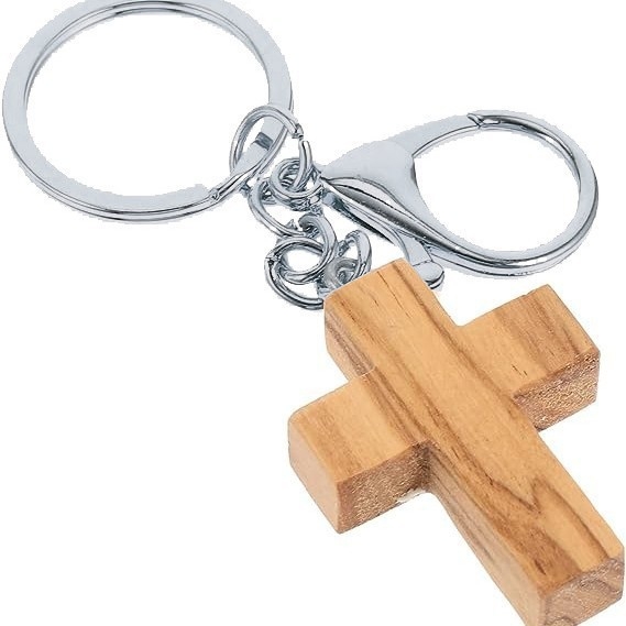 Kljucni lančić s privjeskom u obliku križa i srca, od orahova drveta (Orahovo drvo; Kljucni lančić; Poklon; Uskrs; Za kolege i prijatelje)