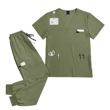Medicinos scrubs komplektas – universali, trumpomis rankovėmis, greitai džiūstantis, viršus su V formos kaklo iškirpte ir kelnės, poliesterio-elastanas, drėgmės valdymas