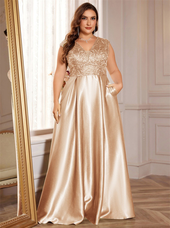 Undinės silueto vakarinė suknelė su ilgomis rankovėmis ir V formos kaklu, poliesteris >95%