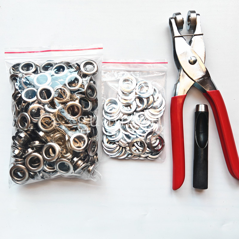 Plieninės akių pritvirtinimo žnyplės – įrankis apvalių akių diegimui, skirtas palapinėms, diržams, reklamos audiniams, drabužiams ir krepšiams