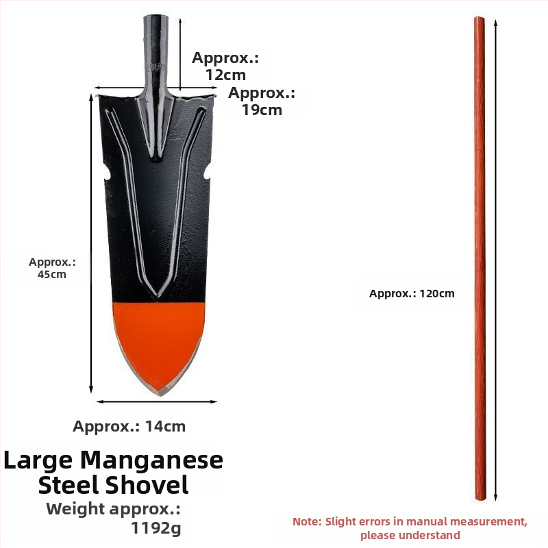Žemės ūkio kastuvas sodui ir lauke — mangano plienas, kasti medžių šaknis, dirvą ir tranšėjas