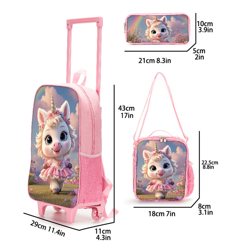 Vaikų kelioninis komplektas su kuprinele, animacinių piešinių dizainas (Oxford audinys, atsparus dėvėjimui, stuburo apsauga, sandėliavimas, oro pagalvės petnešos, vienos krypties ratukai)