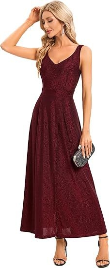 Stilinga vakarinė suknelė be rankovių su giliu V kaklo iškirpte ir aukštu skeltuku, poliesteris.