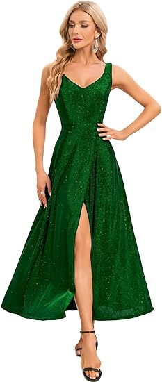 Stilinga vakarinė suknelė be rankovių su giliu V kaklo iškirpte ir aukštu skeltuku, poliesteris.