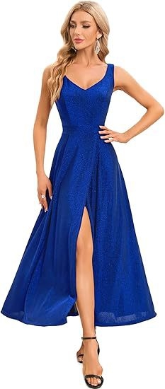 Stilinga vakarinė suknelė be rankovių su giliu V kaklo iškirpte ir aukštu skeltuku, poliesteris.