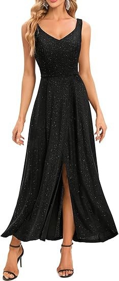 Stilinga vakarinė suknelė be rankovių su giliu V kaklo iškirpte ir aukštu skeltuku, poliesteris.