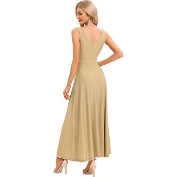 Stilinga vakarinė suknelė be rankovių su giliu V kaklo iškirpte ir aukštu skeltuku, poliesteris.