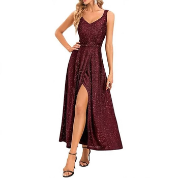 Stilinga vakarinė suknelė be rankovių su giliu V kaklo iškirpte ir aukštu skeltuku, poliesteris.