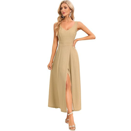 Stilinga vakarinė suknelė be rankovių su giliu V kaklo iškirpte ir aukštu skeltuku, poliesteris.