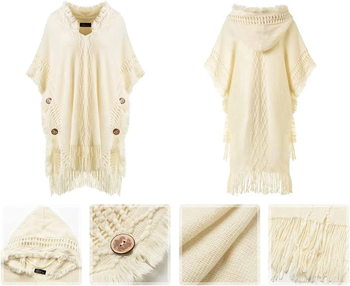 Moteriška megzta kapucinė cape – lengvas akrilas/dirbtinė vilna, vienspalvis raštas, saulės apsauga, tinkama vasarai, pavasariui ir rudeniui, megzto capės stilius