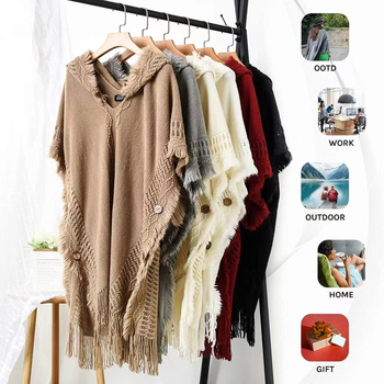 Moteriška megzta kapucinė cape – lengvas akrilas/dirbtinė vilna, vienspalvis raštas, saulės apsauga, tinkama vasarai, pavasariui ir rudeniui, megzto capės stilius