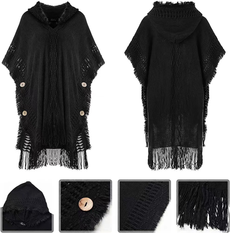 Moteriška megzta kapucinė cape – lengvas akrilas/dirbtinė vilna, vienspalvis raštas, saulės apsauga, tinkama vasarai, pavasariui ir rudeniui, megzto capės stilius