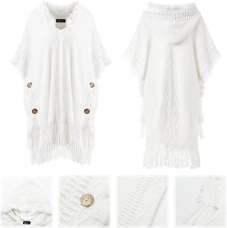 Moteriška megzta kapucinė cape – lengvas akrilas/dirbtinė vilna, vienspalvis raštas, saulės apsauga, tinkama vasarai, pavasariui ir rudeniui, megzto capės stilius