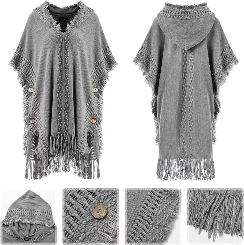 Moteriška megzta kapucinė cape – lengvas akrilas/dirbtinė vilna, vienspalvis raštas, saulės apsauga, tinkama vasarai, pavasariui ir rudeniui, megzto capės stilius