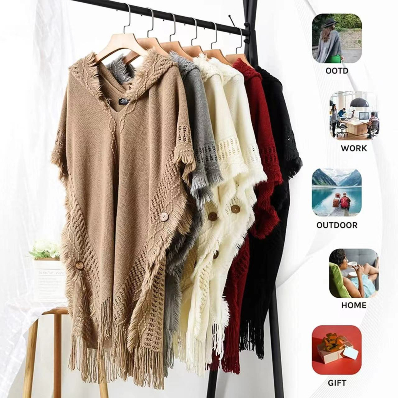 Moteriška megzta kapucinė cape – lengvas akrilas/dirbtinė vilna, vienspalvis raštas, saulės apsauga, tinkama vasarai, pavasariui ir rudeniui, megzto capės stilius