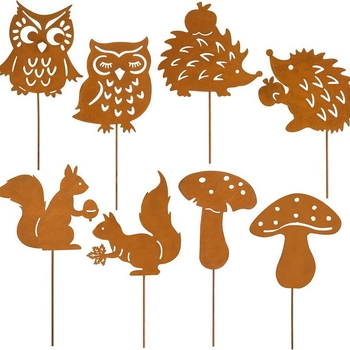 Fém állatsziluett dekoráció: bagoly, gomba, mókus, sündisznó – kültéri kerthez