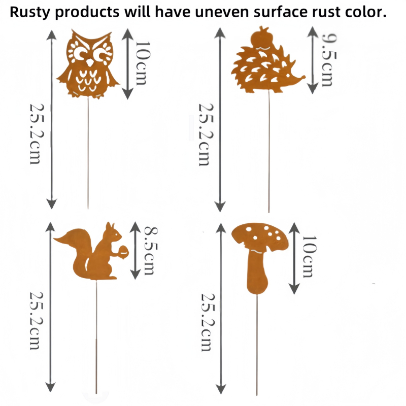 Fém állatsziluett dekoráció: bagoly, gomba, mókus, sündisznó – kültéri kerthez