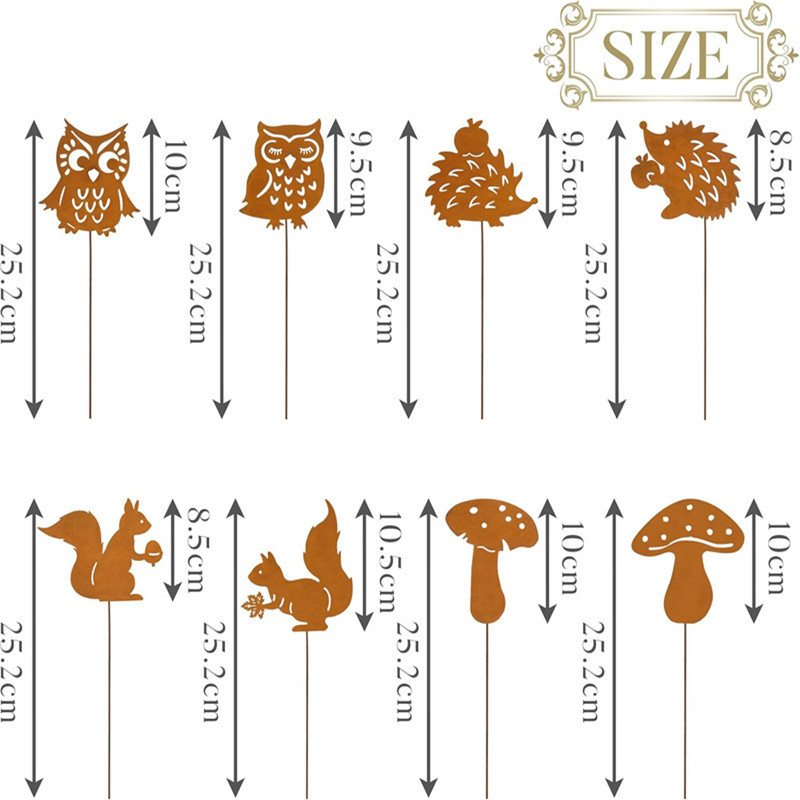 Fém állatsziluett dekoráció: bagoly, gomba, mókus, sündisznó – kültéri kerthez