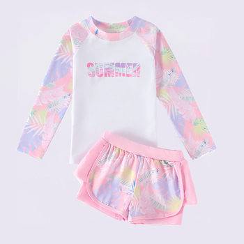 Δύο-τμήμα μαγιό κοριτσιών με προστασία από τον ήλιο, ύφασμα νάιλον με ίνες βινυλον, κάτω μέρος σε στυλ briefs