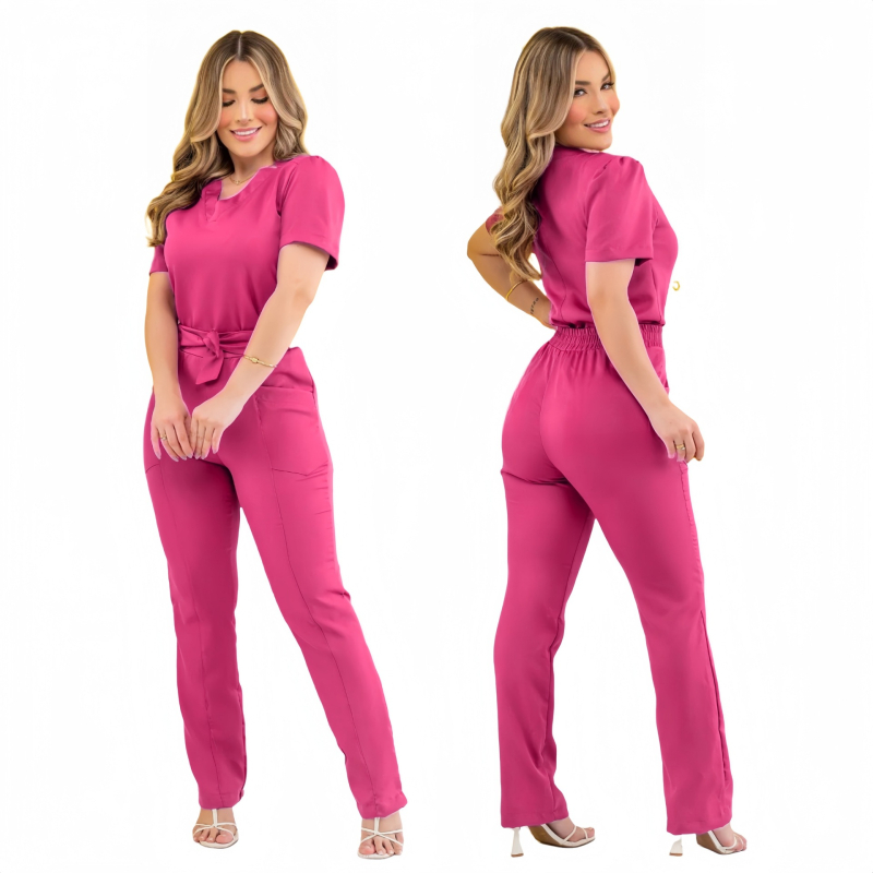 Unisex chirurginės operacinės darbo aprangos komplektas iš poliesterio-spandekso audinio, su V kaklu, trumpomis rankovėmis, topas ir kelnės, tinkamas vasarai, pavasariui ir rudeniui