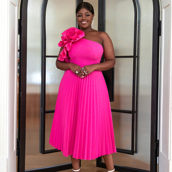 Рокля за жени ONTINVA, полиестер, плисирана пола, едно рамо, наклонена яка, без ръкави, средна дължина