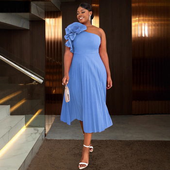 Рокля за жени ONTINVA, полиестер, плисирана пола, едно рамо, наклонена яка, без ръкави, средна дължина