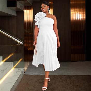 Рокля за жени ONTINVA, полиестер, плисирана пола, едно рамо, наклонена яка, без ръкави, средна дължина