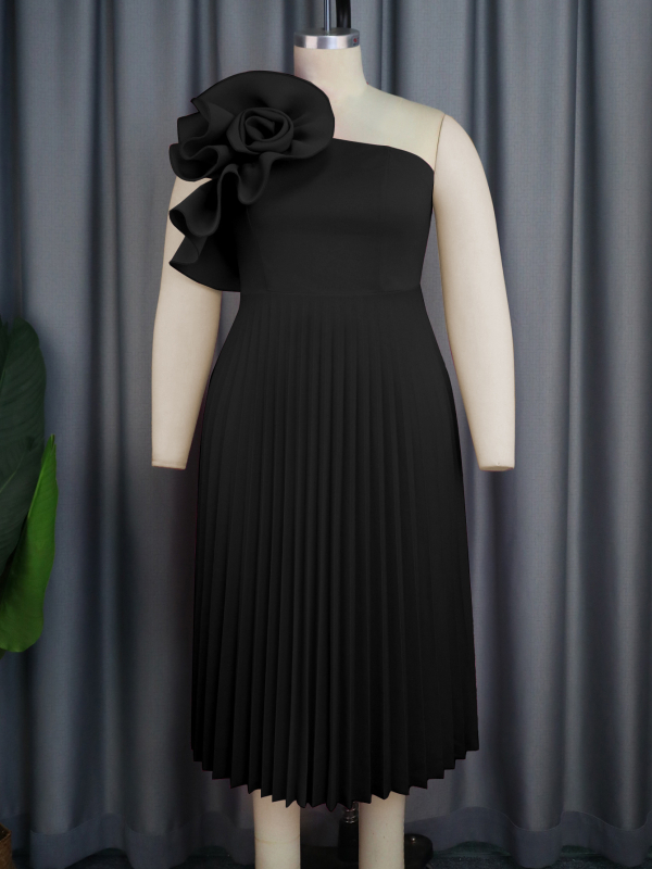 Рокля за жени ONTINVA, полиестер, плисирана пола, едно рамо, наклонена яка, без ръкави, средна дължина