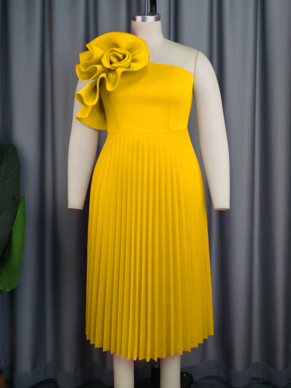 Рокля за жени ONTINVA, полиестер, плисирана пола, едно рамо, наклонена яка, без ръкави, средна дължина