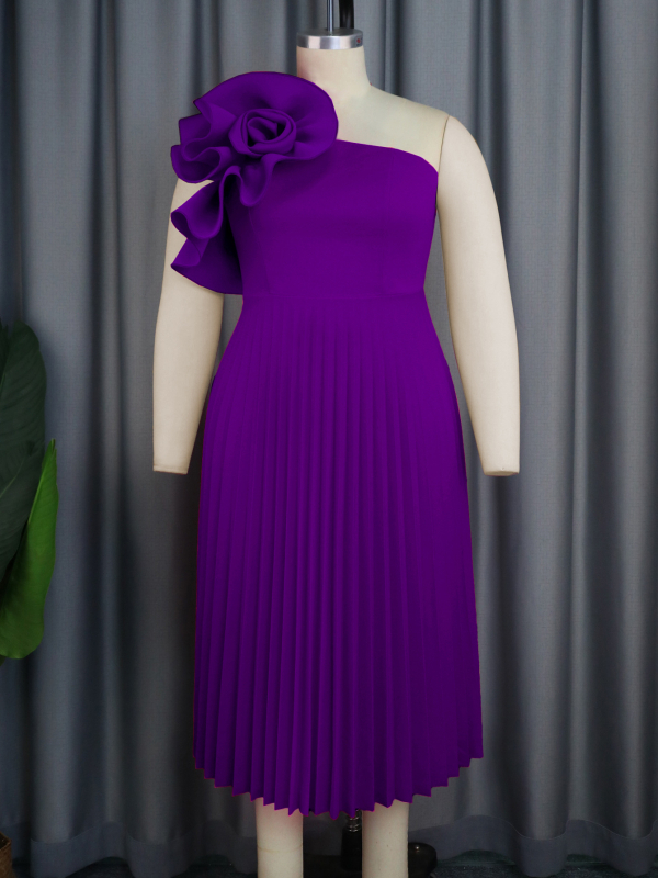 Рокля за жени ONTINVA, полиестер, плисирана пола, едно рамо, наклонена яка, без ръкави, средна дължина