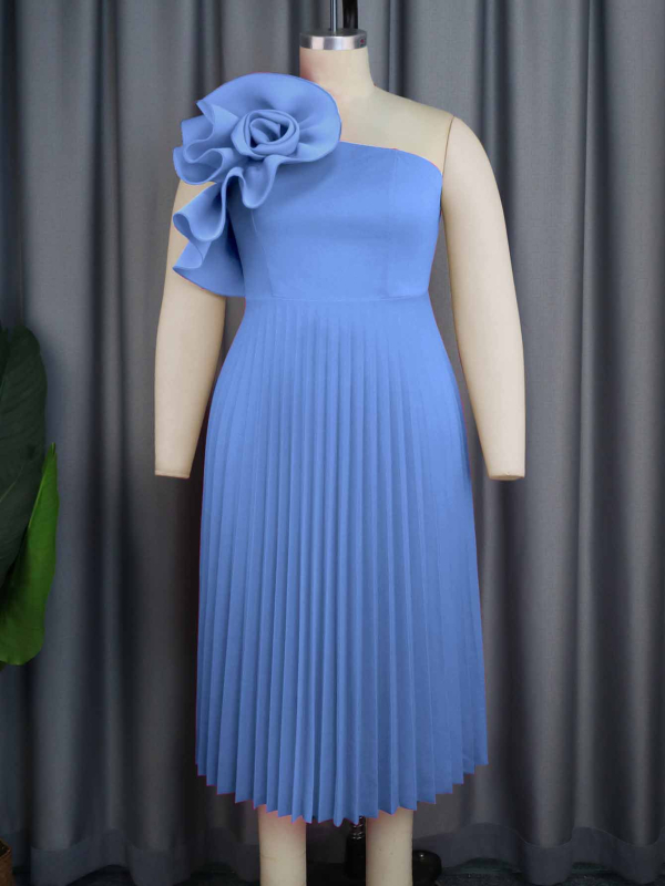 Рокля за жени ONTINVA, полиестер, плисирана пола, едно рамо, наклонена яка, без ръкави, средна дължина