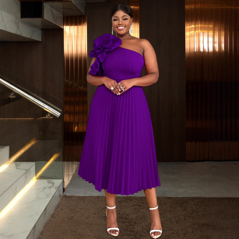 Рокля за жени ONTINVA, полиестер, плисирана пола, едно рамо, наклонена яка, без ръкави, средна дължина