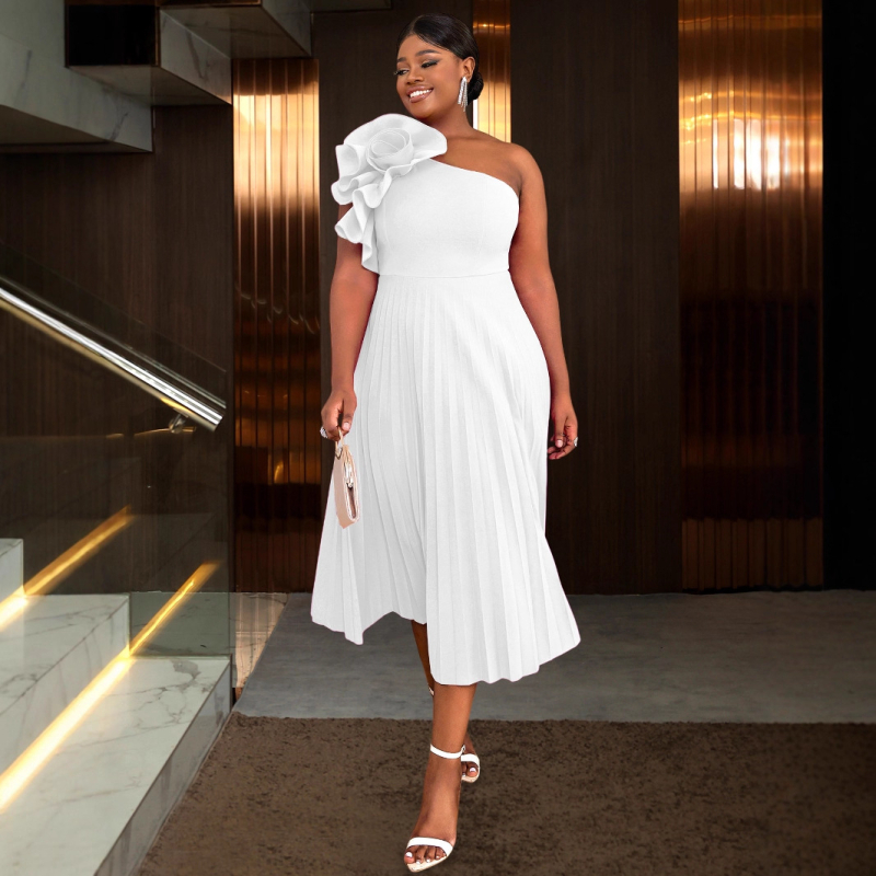 Рокля за жени ONTINVA, полиестер, плисирана пола, едно рамо, наклонена яка, без ръкави, средна дължина