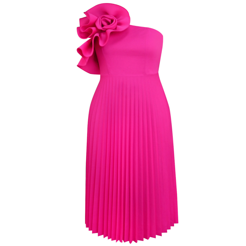 Рокля за жени ONTINVA, полиестер, плисирана пола, едно рамо, наклонена яка, без ръкави, средна дължина