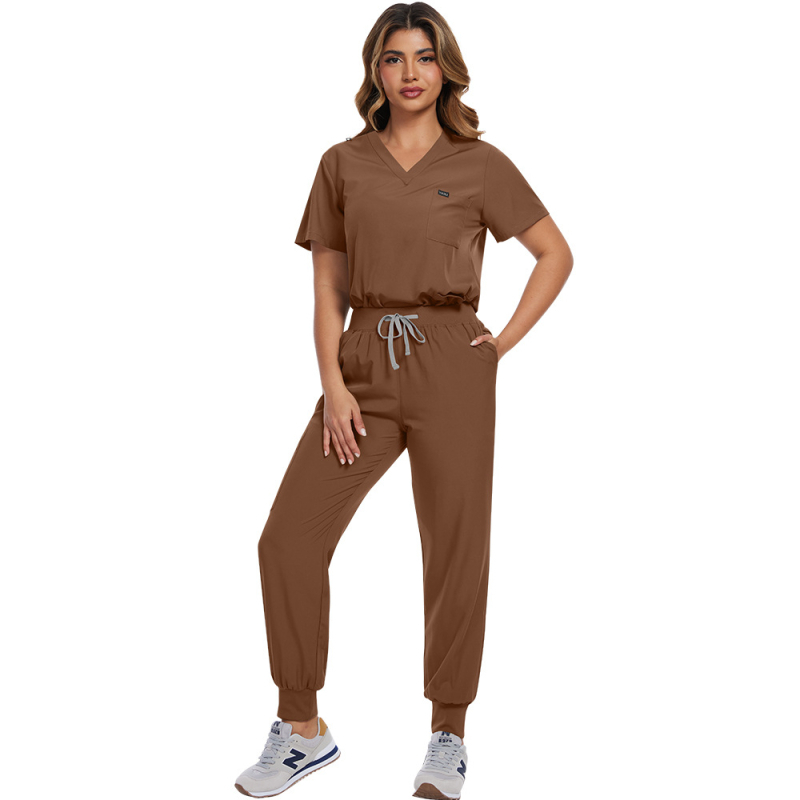 Gydytojų ir slaugytojų medicininis komplektas — trumpomis rankovėmis viršus su V kaklu ir derančios kelnės, poliesterio/elastano mišinys, tinkamas visoms sezonoms
